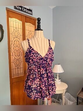 Express Navy and Pink Floral V-Neck Top